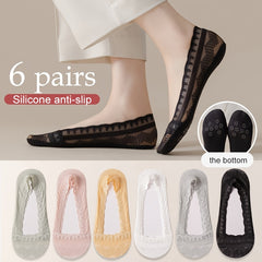 6 Pairs Lacy No Show Socks Essential Solid Boat Socks Women's Stockings