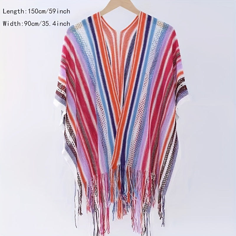 Rainbow Striped Shawl Long Fringed Wrap Hollow Out Sunscreen Shawl