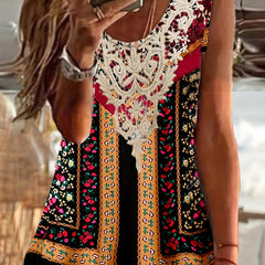 Floral Print Lace Tank Top Vintage Sleeveless Summer Top