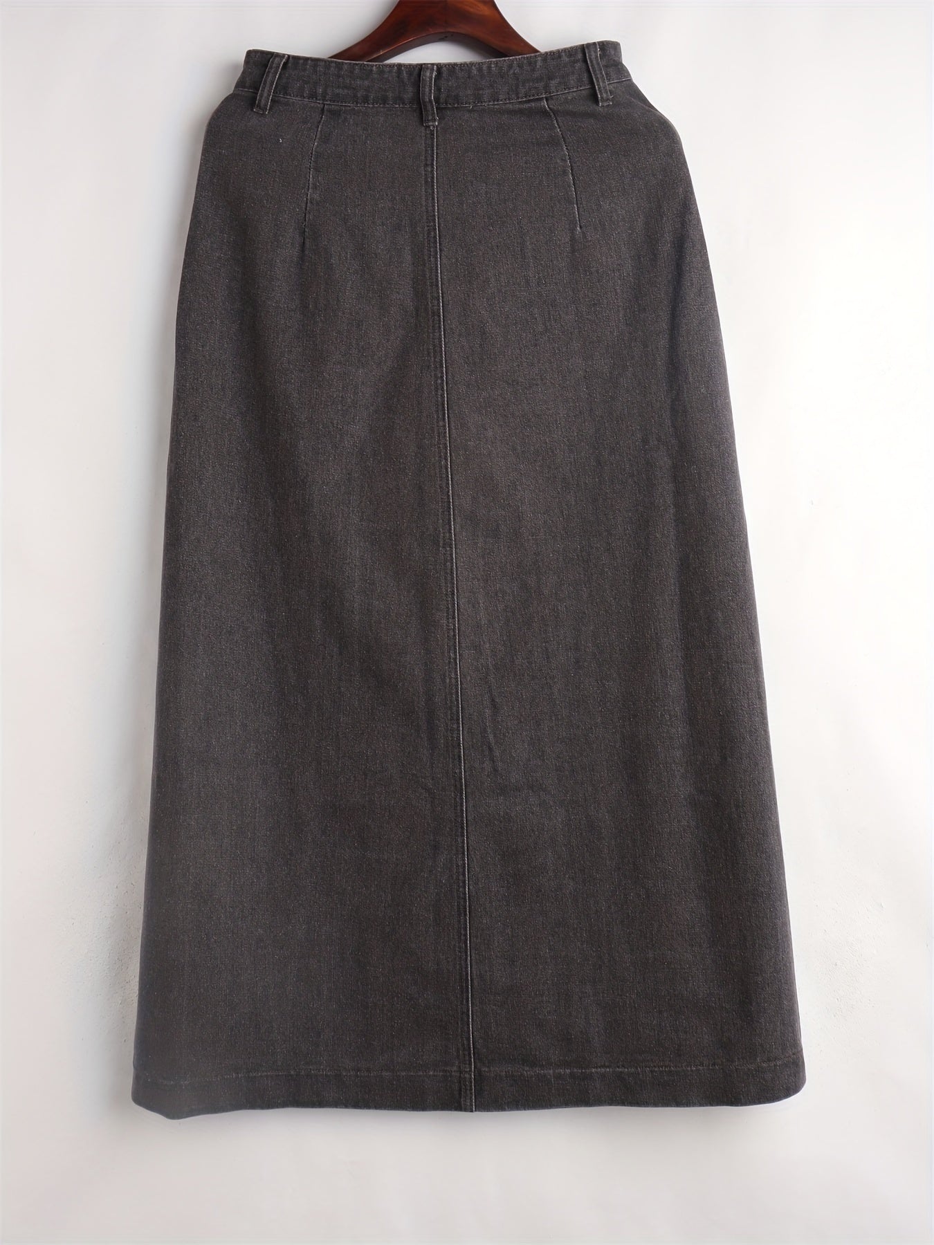 Solid Flap Pockets Denim Skirt Single Breasted Button Non Stretch