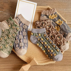 5 Pairs 3D Floral Textured Low Cut Ankle Socks for Women