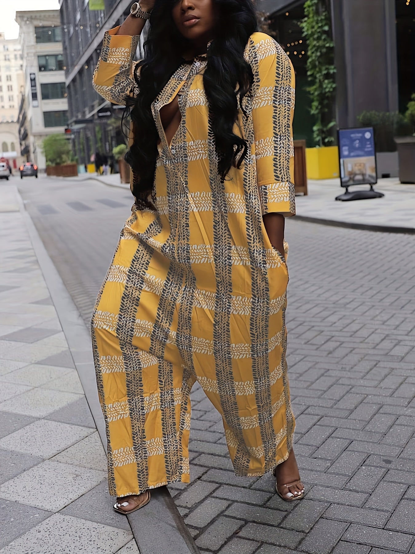 Grid Print Polo Neck Baggy Romper