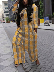 Grid Print Polo Neck Baggy Romper