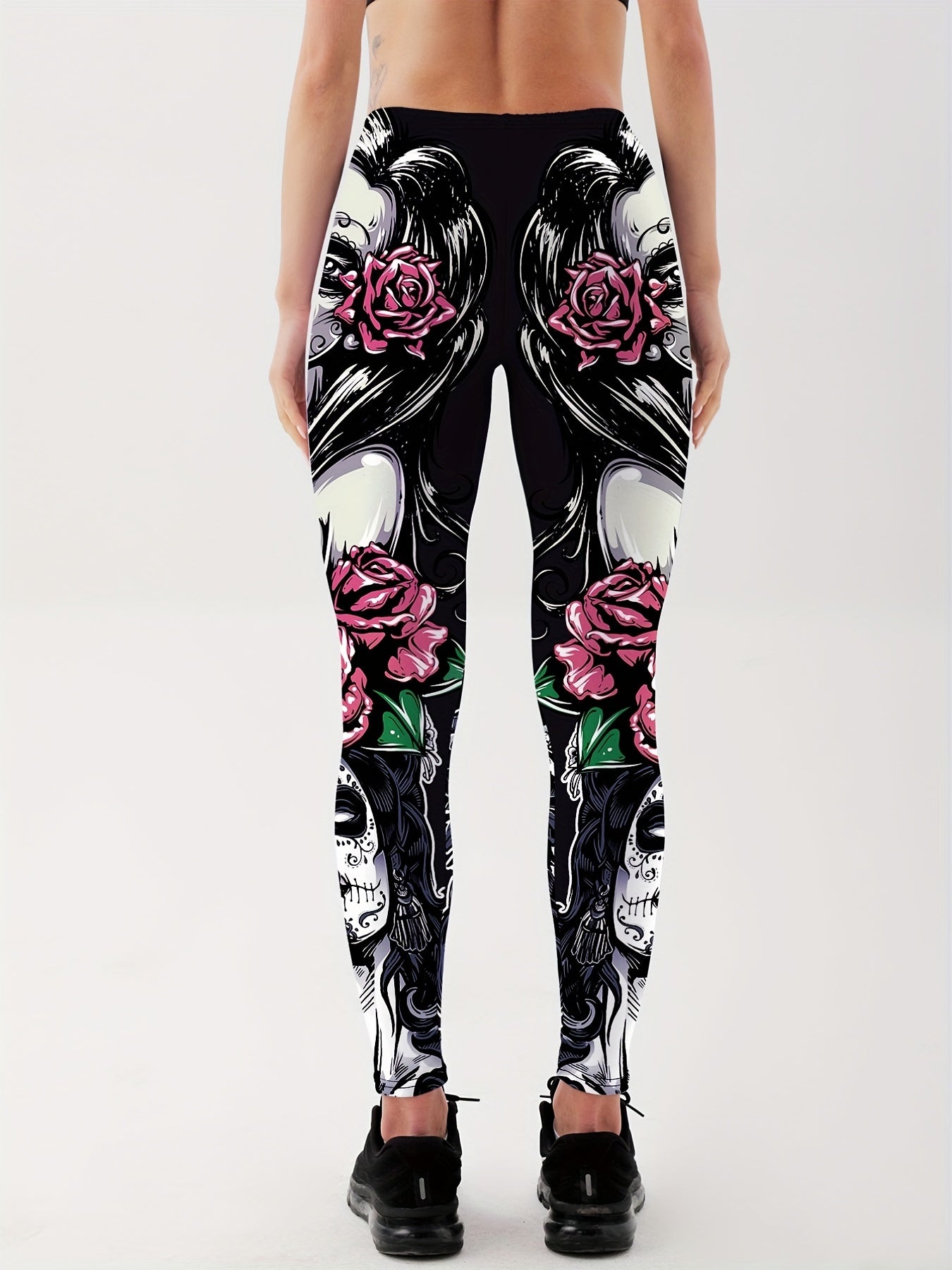 Girls Rose Print Yoga Leggings Mid Waist Fitness Workout Exercise Sports Pants