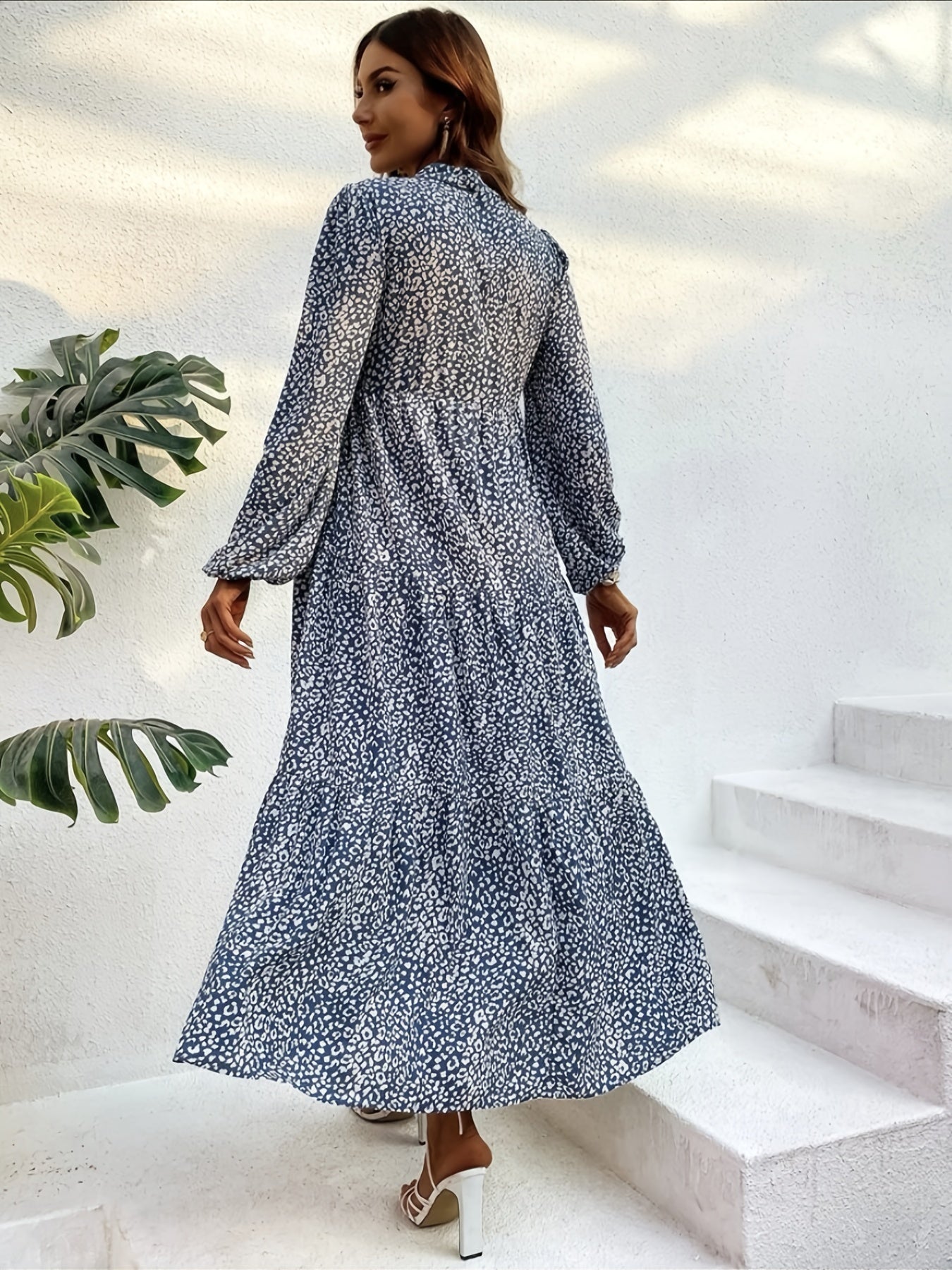 Leopard Print Maxi Dress Boho V Neck Lantern Sleeve Dress