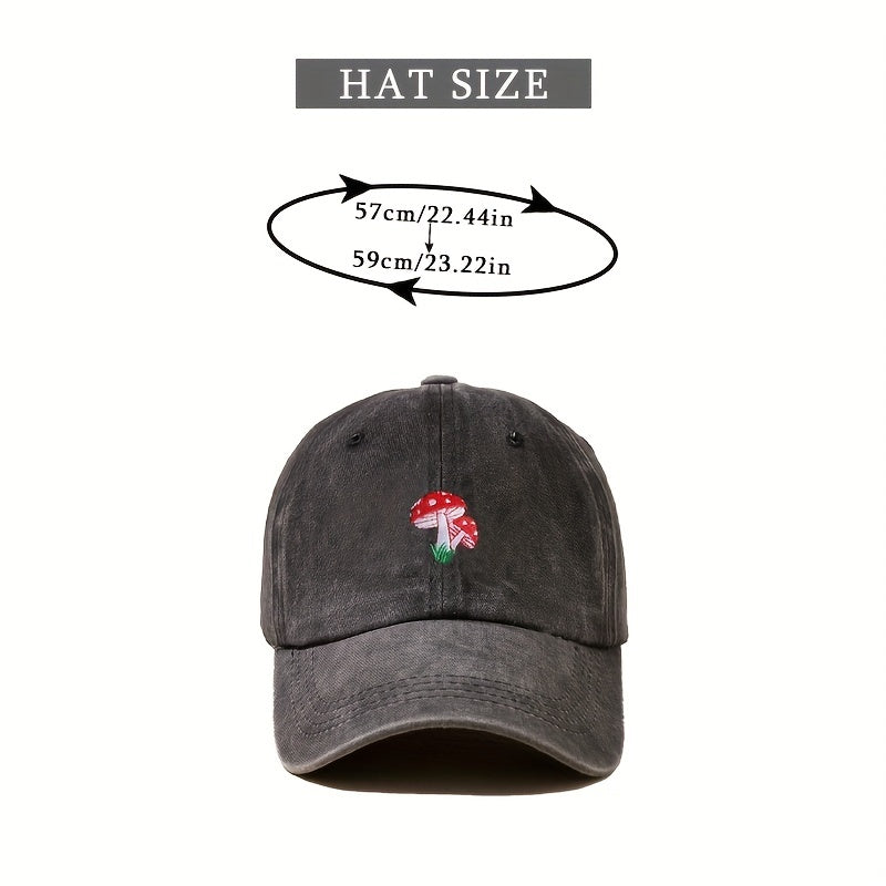 Mushroom Embroidery Baseball Cap Unisex Washed Distressed Dad Hats