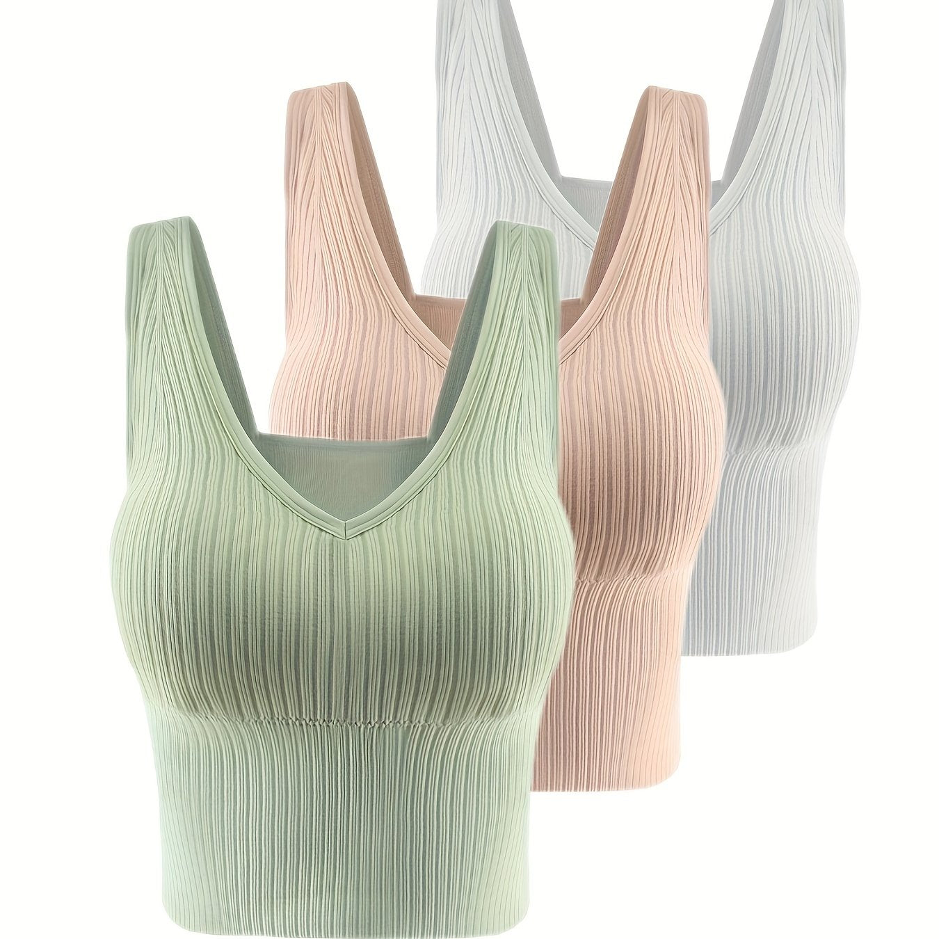 3pcs Ribbed Tank Tops V Neck Padded Women's Lingerie