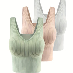 3pcs Ribbed Tank Tops V Neck Padded Women's Lingerie