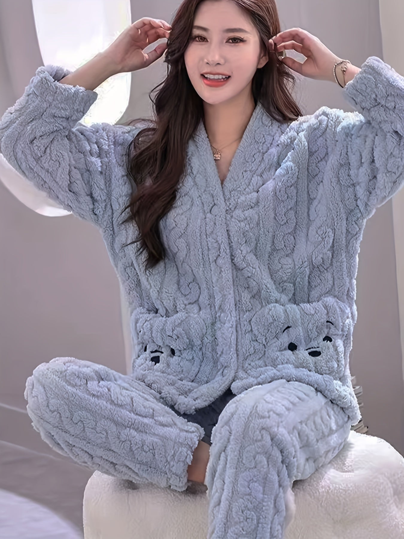 Bear Pajama Set Long Sleeve Top & Pants Women's Sleepwear