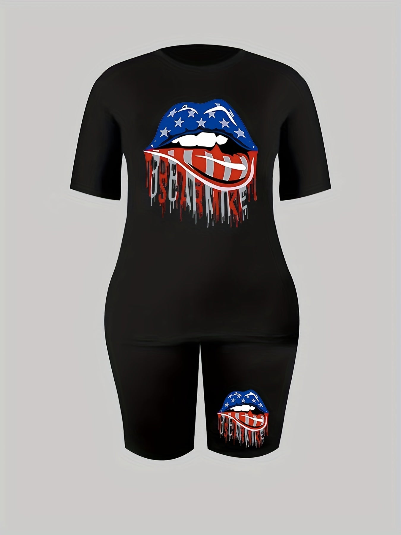 Women's Plus Flag Lip Print Crew Neck Short Sleeve Top & Shorts Outfit Set