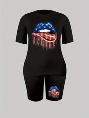 Women's Plus Flag Lip Print Crew Neck Short Sleeve Top & Shorts Outfit Set