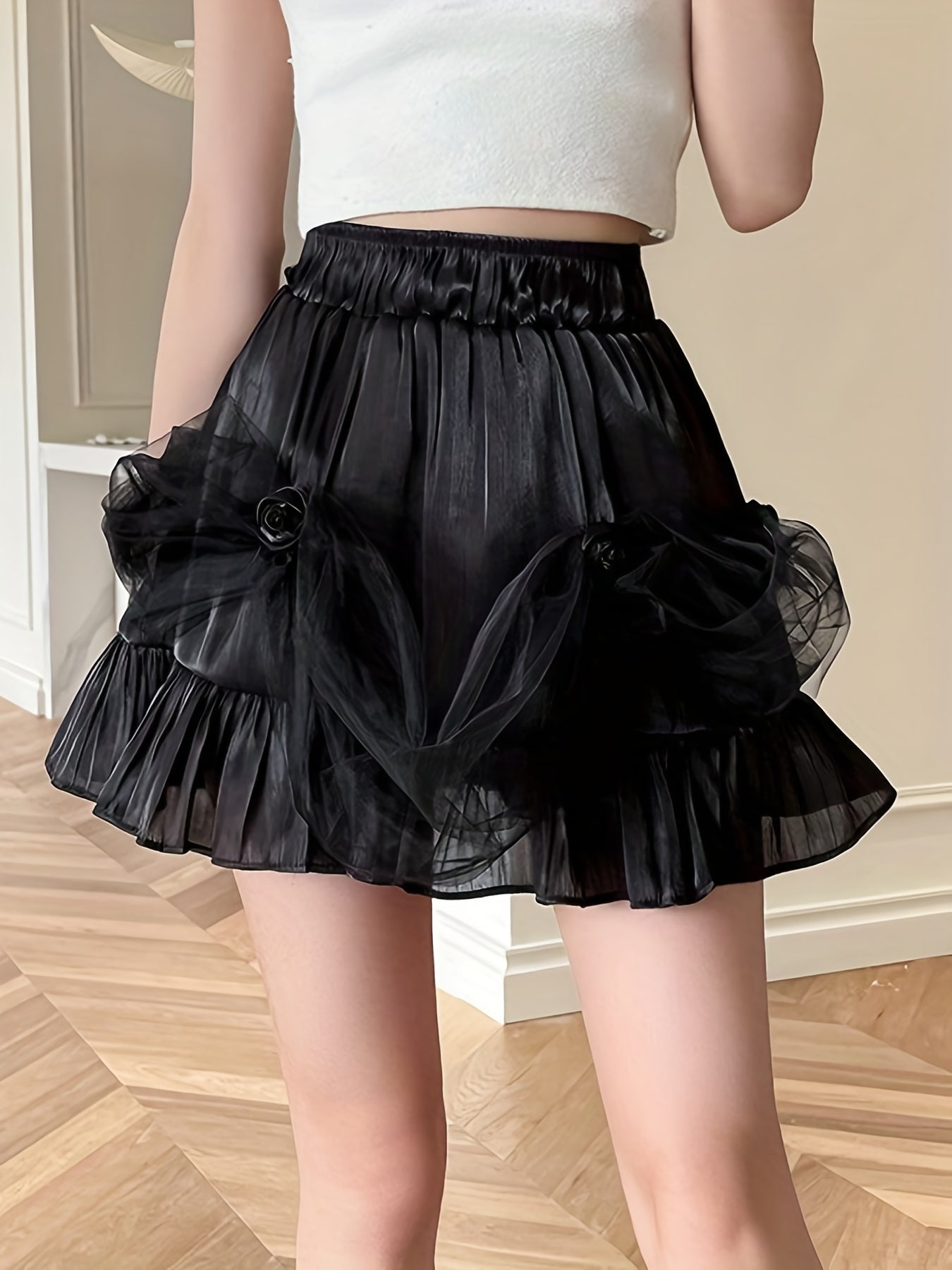 Rose Mesh Elastic High Waisted Ruffle Trim Party Skirt