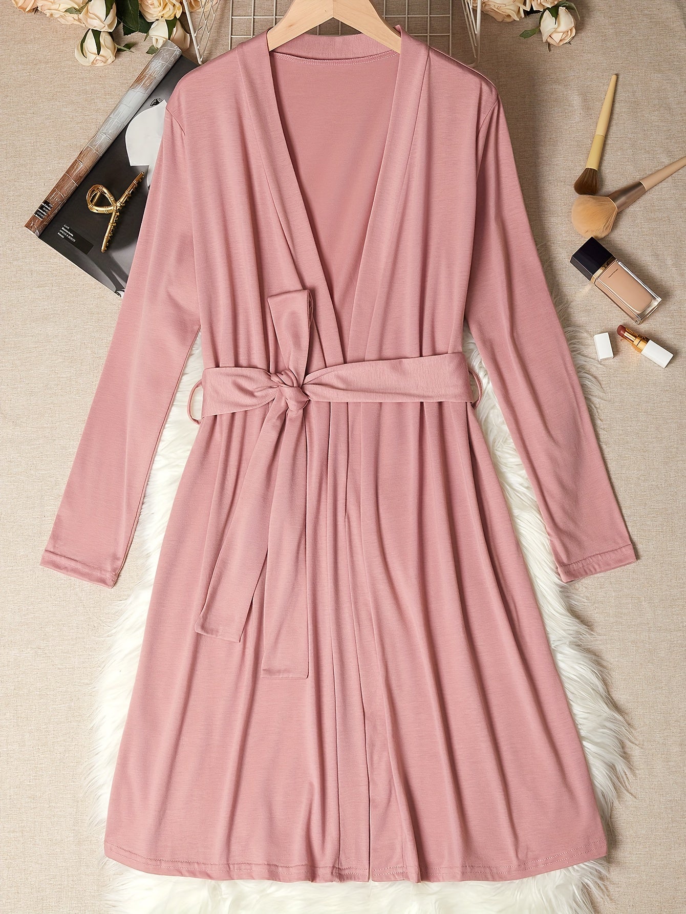 Women's Solid Night Robe Long Sleeve V Neck With Belt