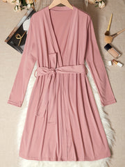 Women's Solid Night Robe Long Sleeve V Neck With Belt