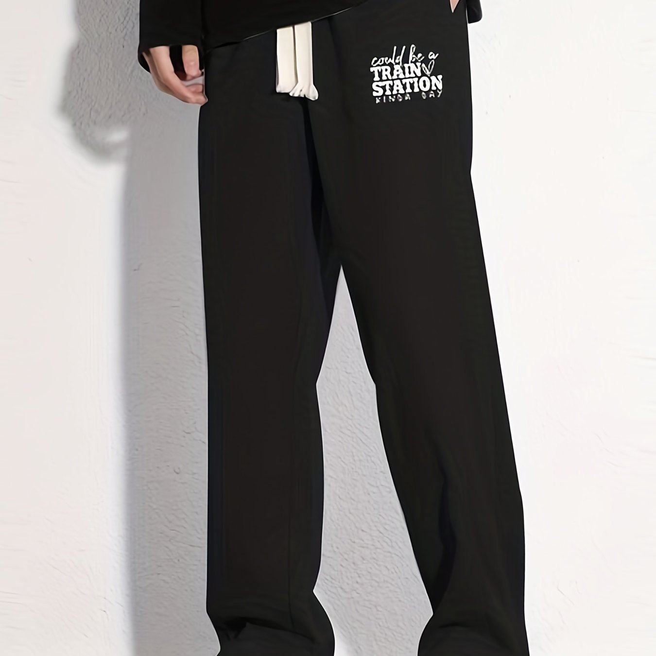 Train Station Letter Print Casual Cotton Loose Fit Drawstring Pants