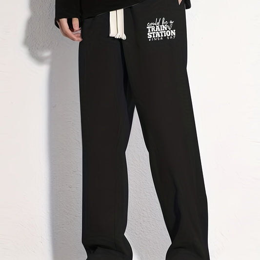Train Station Letter Print Casual Cotton Loose Fit Drawstring Pants