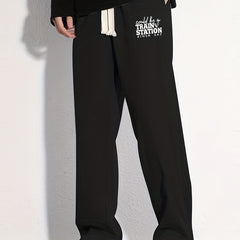 Train Station Letter Print Casual Cotton Loose Fit Drawstring Pants