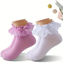 Girls Lace Brim Socks Bow Decor Knit Crew Socks
