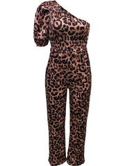 Leopard Print One Shoulder Jumpsuit Asymmetrical Neck Stretchy Jumpsuit