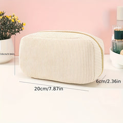 Beige Corduroy Makeup Bag Zipper Travel Brush Holder Organizer