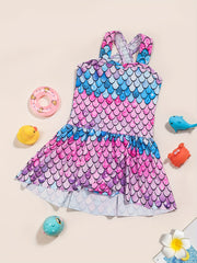 Girls One Piece Swimsuit Fish Scale Print Cross Strap Dress