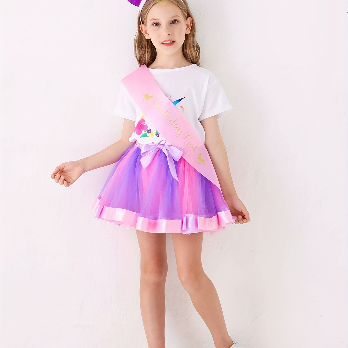 Girl's Birthday Outfit 4pcs Tutu Skirt & T shirt & Headband & Birthday Ribbon