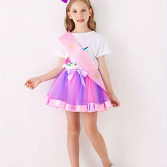Girl's Birthday Outfit 4pcs Tutu Skirt & T shirt & Headband & Birthday Ribbon