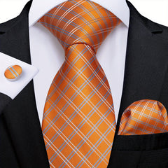 Men's Plaid Orange Silk Tie Set for Wedding Party