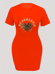 Leopard Heart & Slogan Print Dress Short Sleeve Round Neck