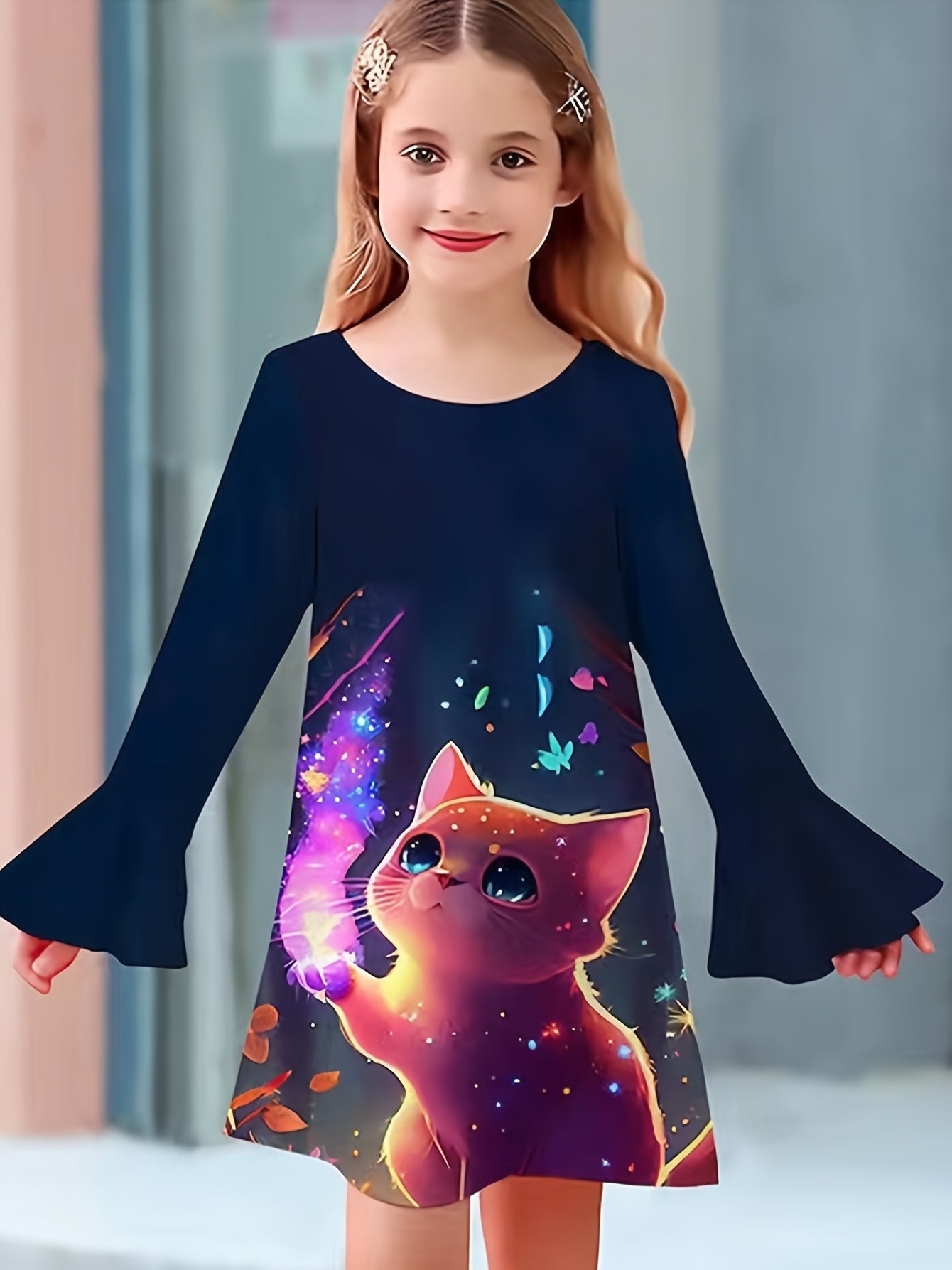 Dreamy Kitty Graphic Crew Neck Long Sleeve Dress Girls Spring Fall