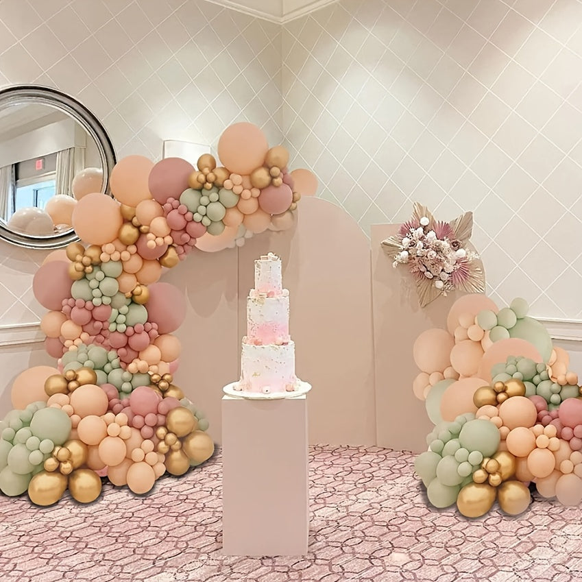 140pcs Balloon Garland Arch Set in Pink, Green, Gold, and Skin Tones