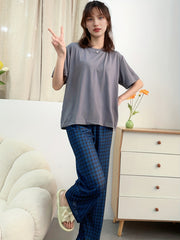 Plaid Pajama Set Crew Neck Short Sleeve Top & Elastic Waistband Pants