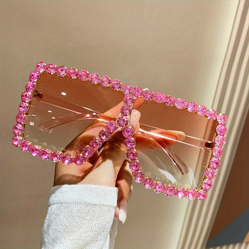 Oversized Square Sunglasses Rhinestone Shield Glasses UV400