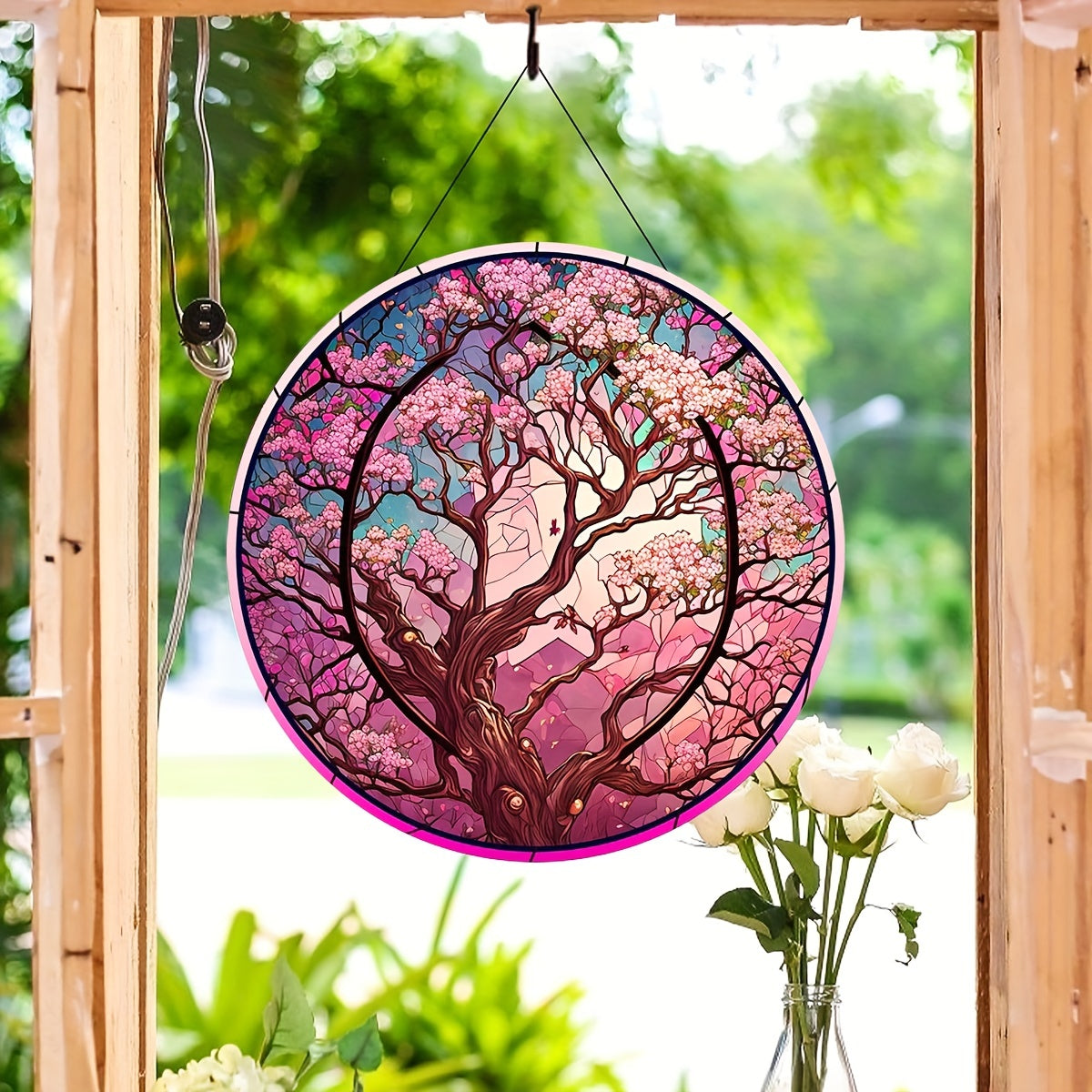 Cherry Blossoms Tree Suncatcher Decor Round Hanging Ornament