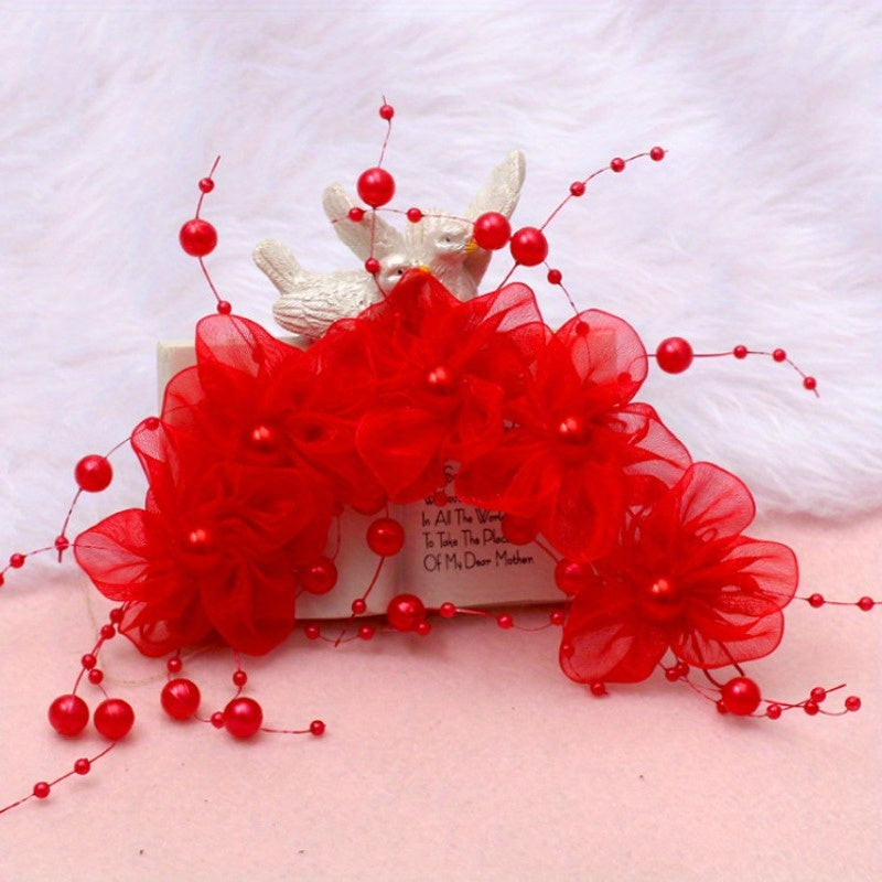 Red Floral Bridal Headpiece with Beaded Details for Weddings