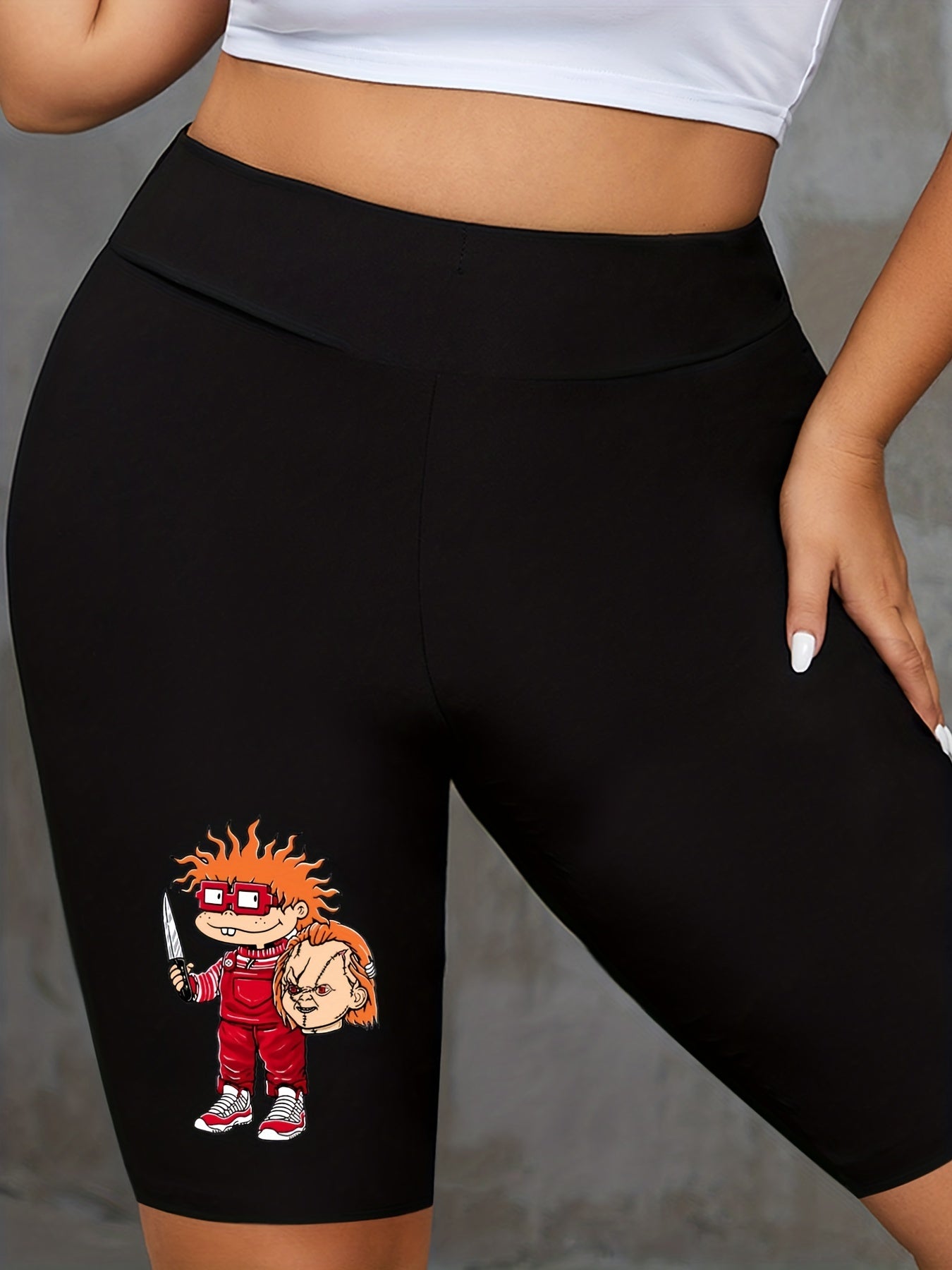Women's Plus Graphic & Letter Print High Rise Skinny Fitness Shorts