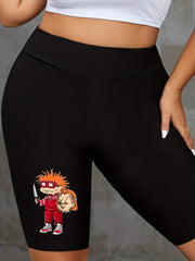 Women's Plus Graphic & Letter Print High Rise Skinny Fitness Shorts
