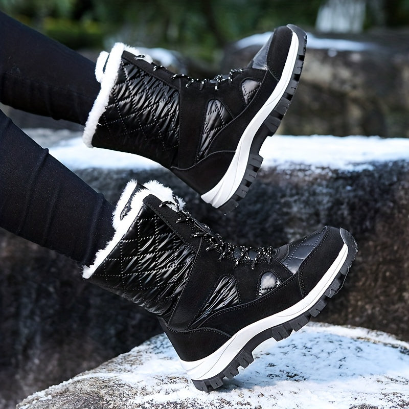 Quilted Argyle Pattern High Top Boots Faux Fur Lace Up Outdoor Sports Shoes