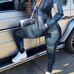 Denim Print Zip Up Top & Pants 2 Piece Set
