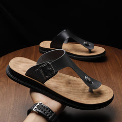 Men's Leather Flip Flops Lightweight Comfortable Non Slip Thong Sandals