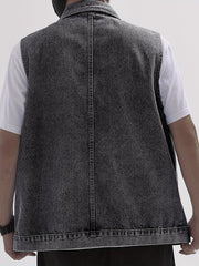 Men's Denim Vest Casual Street Style Big Pockets Turn-Down Collar Waistcoat