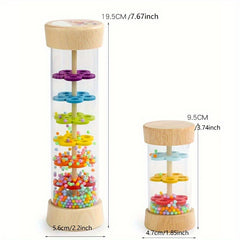 Recycled Wood Rain Sound Tube Toy with Colorful Beads & Alphabet Rings