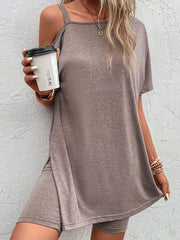 Solid Casual Two piece Set Slanted Shoulder Split Tops & Slim Shorts