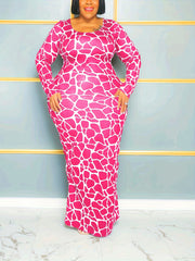 Giraffe Print Long Sleeve Maxi Dress