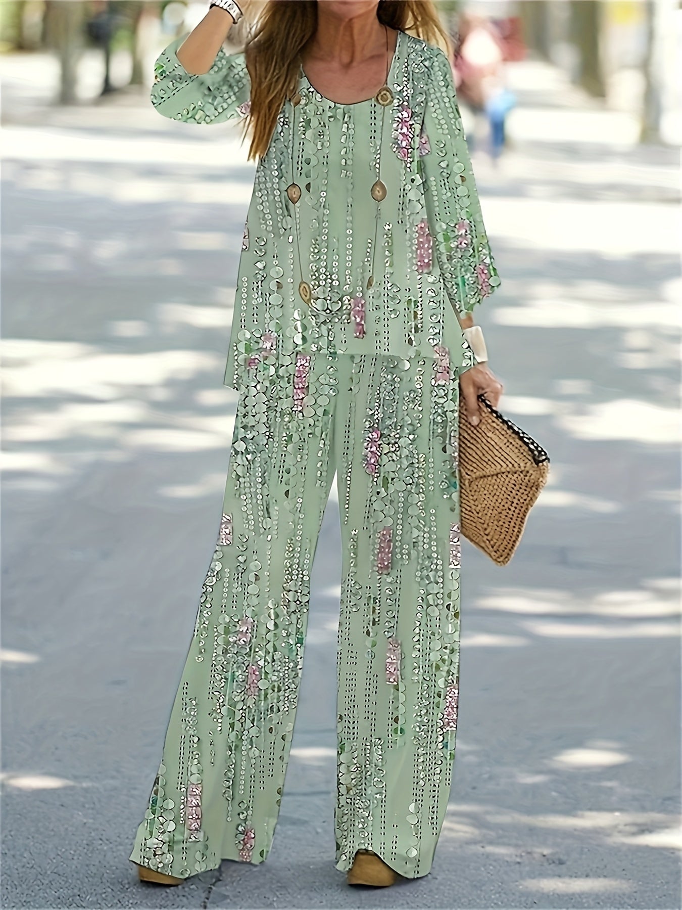 Plus Size Retro Outfits Women's Floral Print Top & Wide Leg Pants Two Piece Set