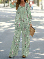 Plus Size Retro Outfits Women's Floral Print Top & Wide Leg Pants Two Piece Set