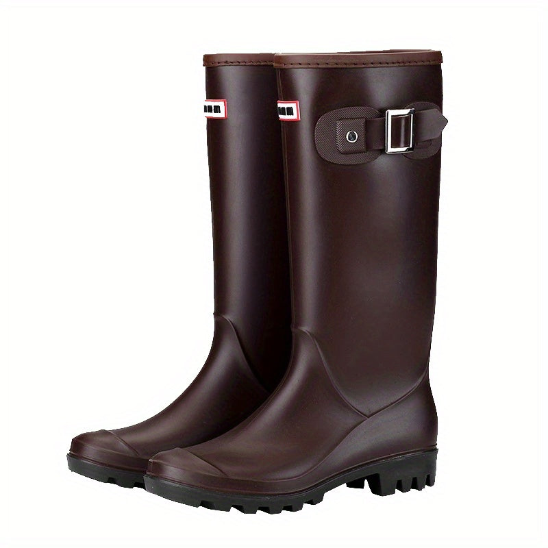 Women's Block Heel Long Rain Boots Buckle Strap Slip On Waterproof Shoes