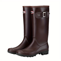 Women's Block Heel Long Rain Boots Buckle Strap Slip On Waterproof Shoes