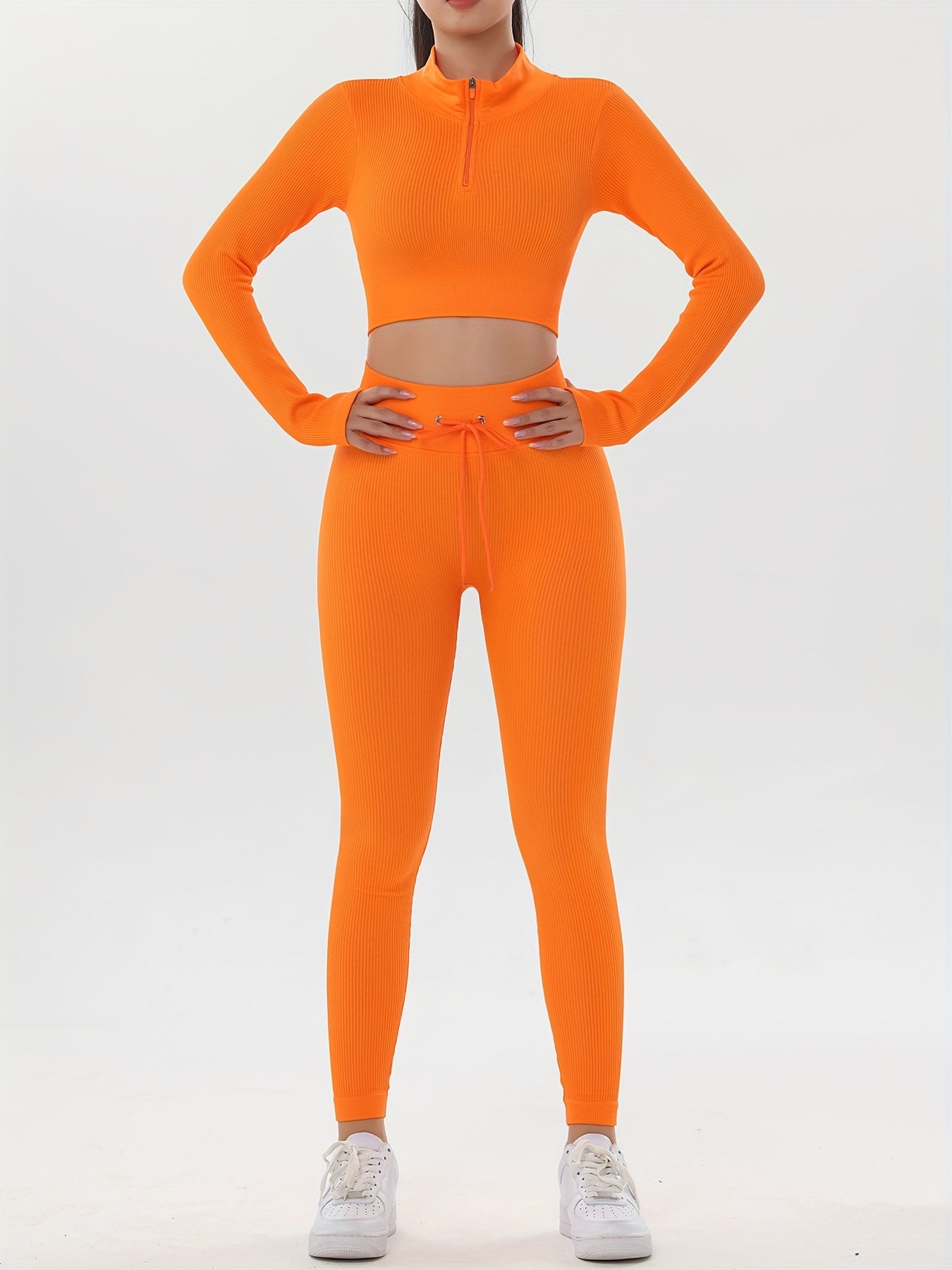 Ribbed Yoga Sports Set Long Sleeve Crop Top & Leggings