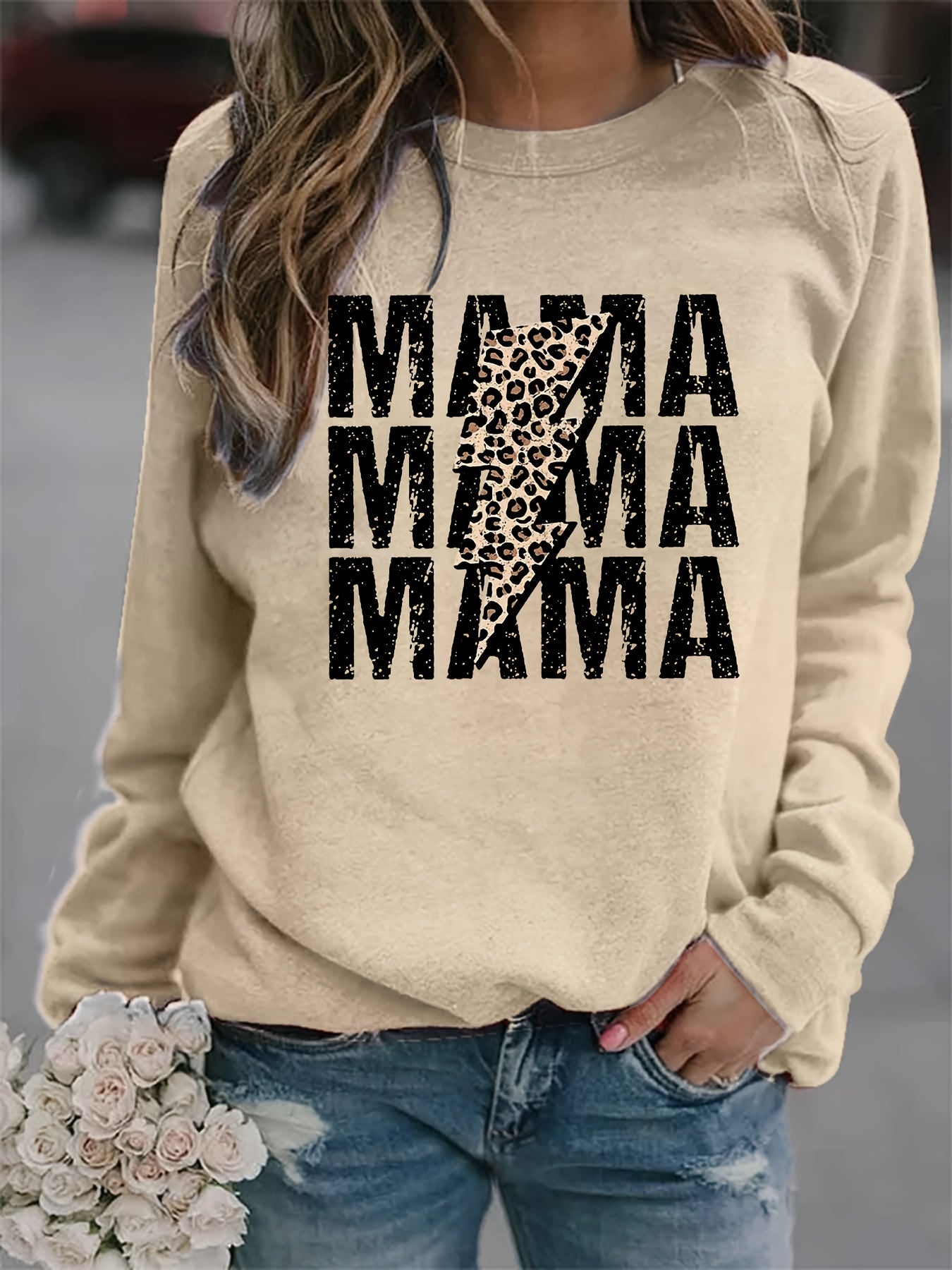 Mama Print Crew Neck Sweatshirt Long Sleeve Casual Women's Clothing